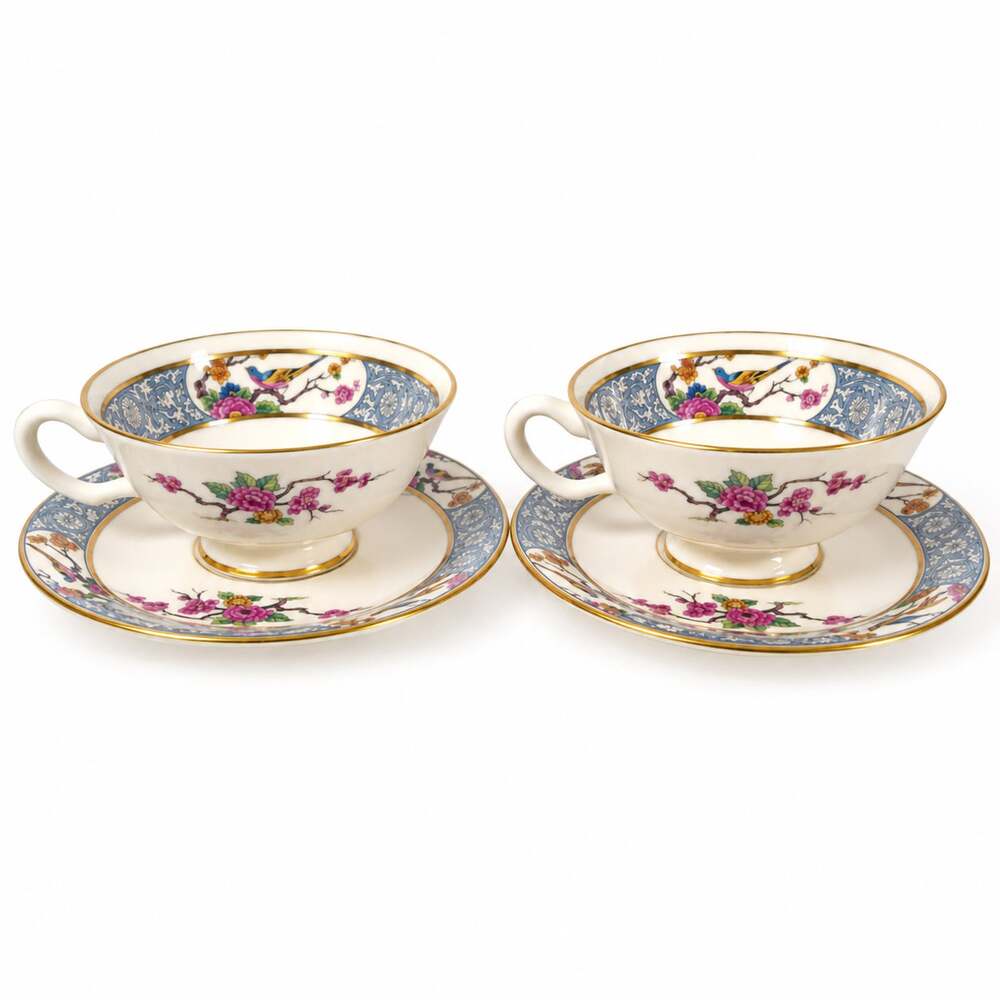 Vintage Lenox Ming P-16 Footed Teacups & Saucers Set of 2 Bird Floral Gold USA